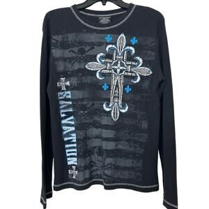 Y2K NOBO Black Salvation Skull Cross Wings Long Sleeve Termal T Shirt Med Goth